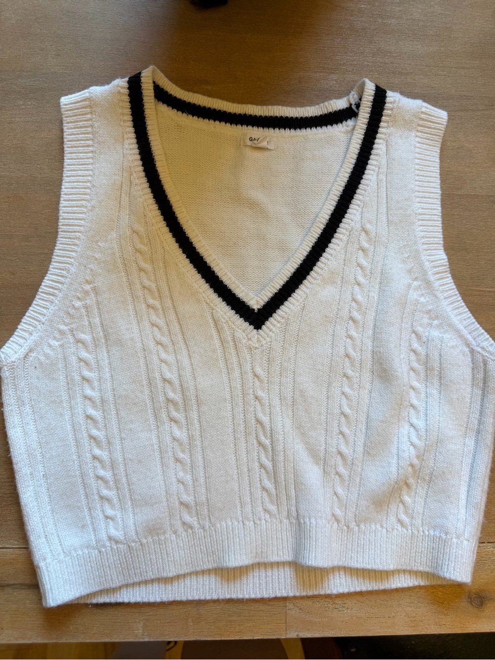 Garage White Cable Knit V-Neck Sweater Vest with Black Trim